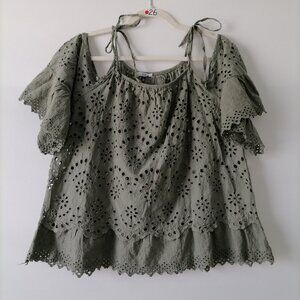 Unbranded Womens Green Flared Sleeve Off The Shoulder Eyelet Blouse Size 16